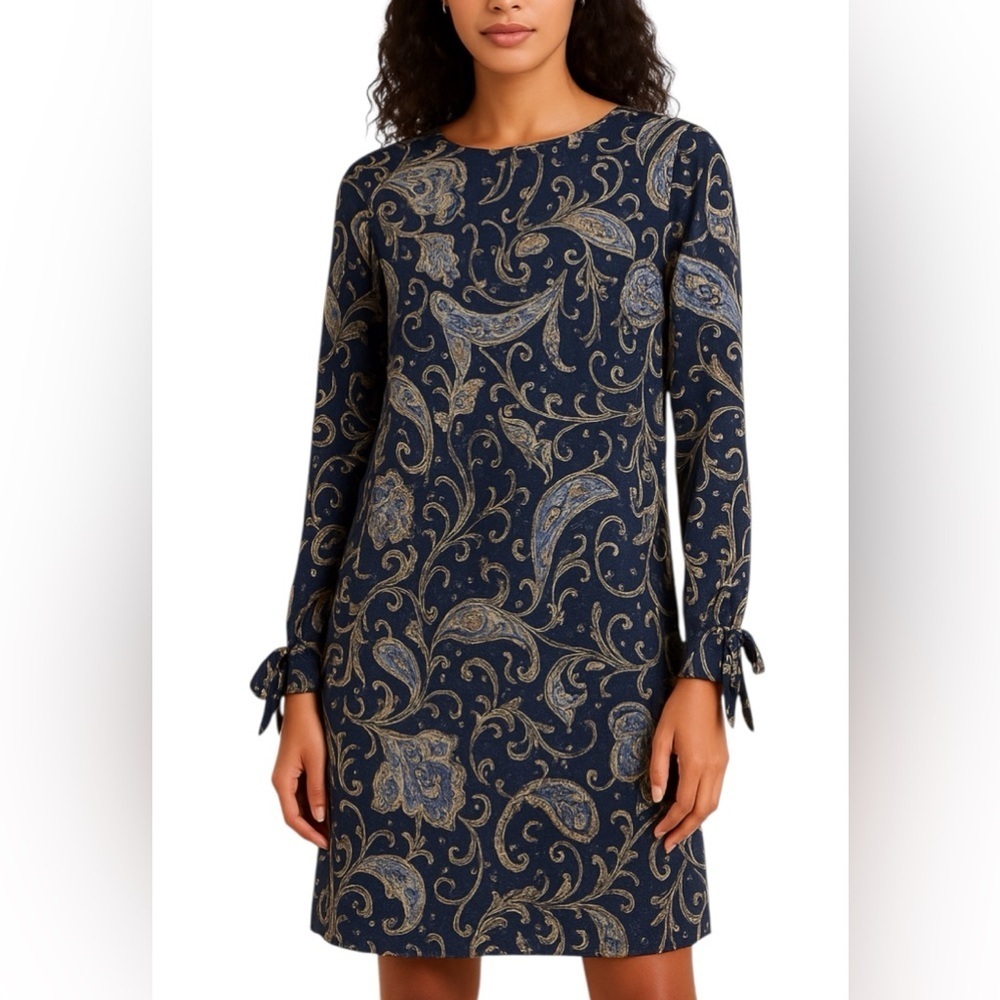 H&M Navy Paisley Long Sleeve Shift Dress Tie Cuffs Size 12